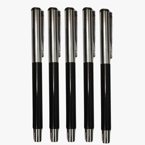 Set of 5 Metallic Glossy Black Body Ball Pens with Silver Cap – Openable...