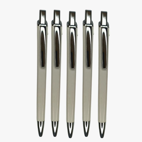 Set of 5 Plastic White Body Ball Pens with Silver Clip | Click Mechanism | Smooth Blue Ink