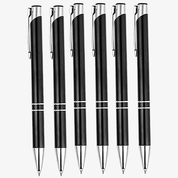 Set of 6 Metallic Glossy Black Ball Pens with Silver Clip | Click Mechanism | Smooth Blue Ink