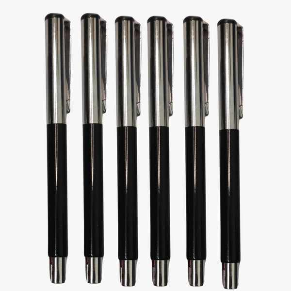 Set of 6 Metallic Glossy Black Body Ball Pens with Silver Cap | Openable Mechanism | Smooth Blue Ink Writing