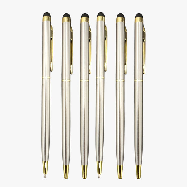 Set of 6 Metallic Glossy Silver Ball Pens with Gold Clip | Premium Twist Mechanism | Smooth 0.6mm Blue Ink Screw-Type Refills