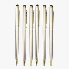 Set of 6 Metallic Glossy Silver Ball Pens with Gold Clip | Premium Twist Mechanism | Smooth 0.6mm Blue Ink Screw-Type Refills