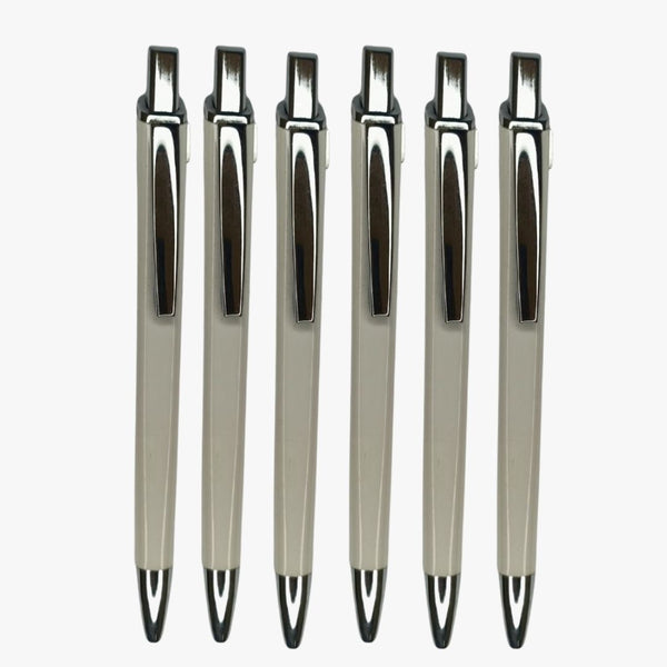 Set of 6 White Body Ball Pens with Silver Clip | Click Mechanism