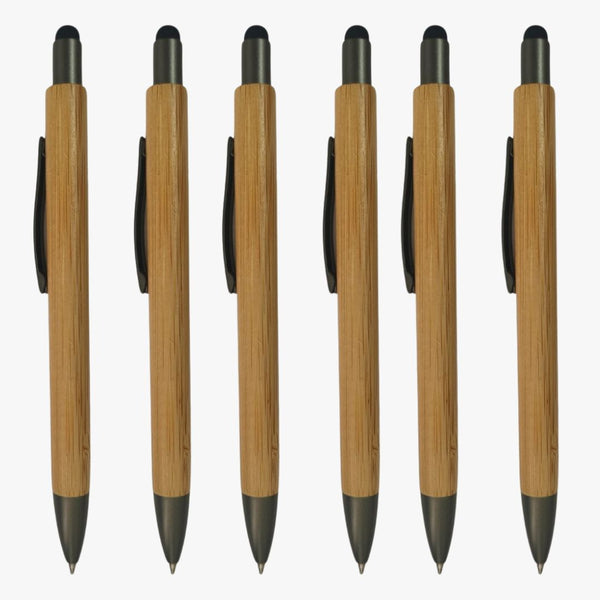 Set of 6 Stylus Wooden Ball Pens – Silver Clip, Blue Ink