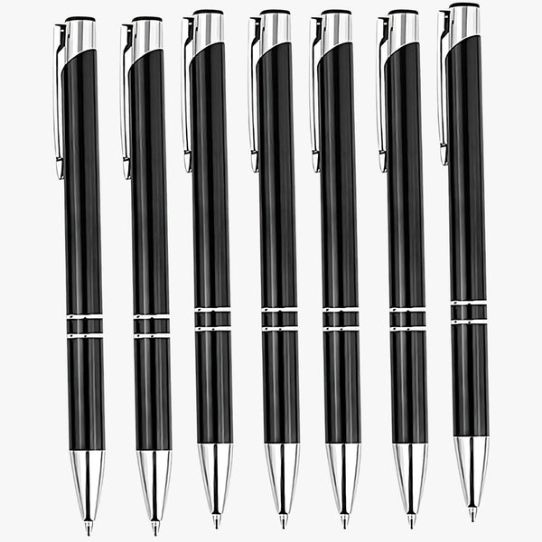 Set of 7 Metallic Glossy Black Body Ball Pens with Silver Clip | Click Mechanism | Smooth Blue Ink