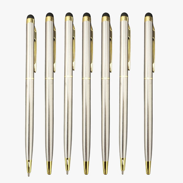 Set of 7 Silver Gold Twist Ball Pens | 0.6mm Blue Ink | Screw Type Refill | Smooth Writing | Premium Men & Women Gift Pen Set