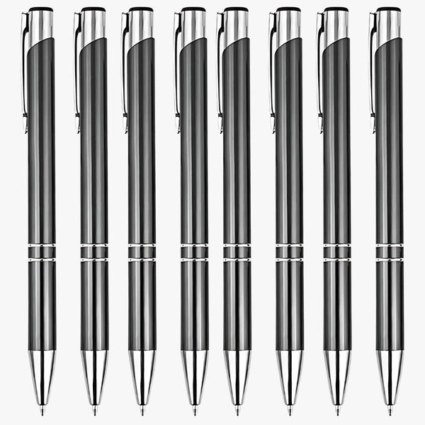 Set of 8 Metallic Glossy Gray Body with Silver Clip Click Mechanism Ball Pens – Smooth Blue Ink