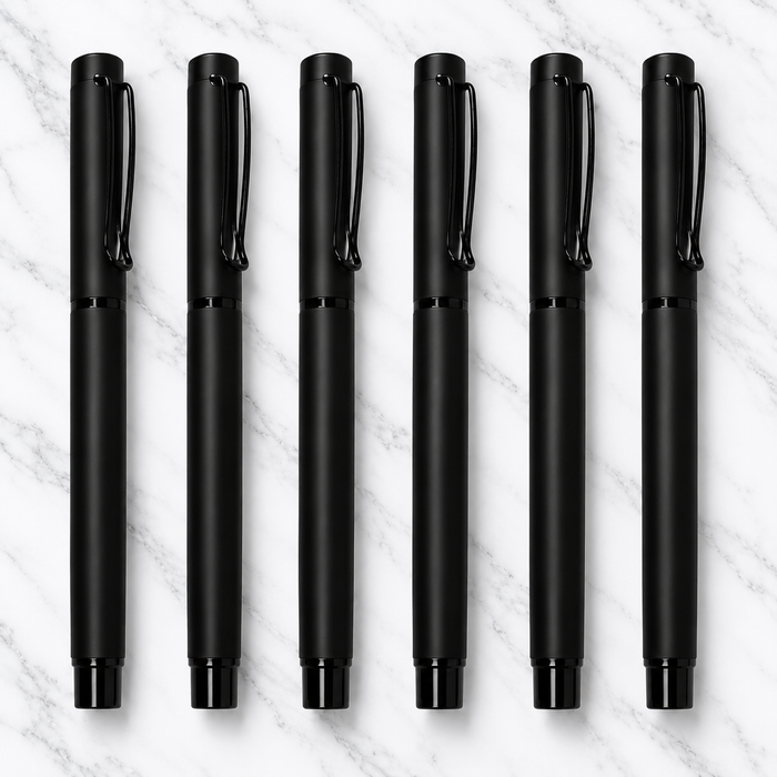 Set of 6 Matt Black Metal Ball Pens with Black Clip – 0.7mm Blue Ink, Plastic Grip & 6 Extra Refills