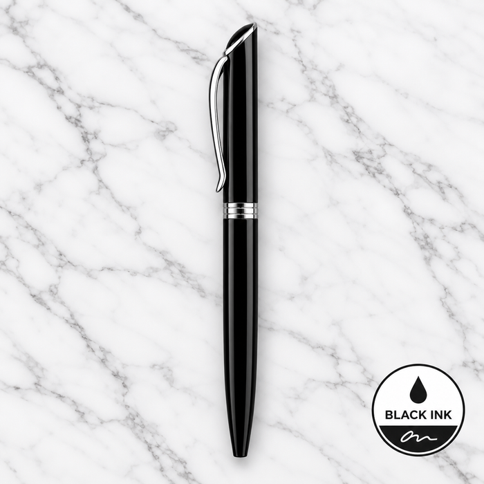Metallic Glossy Black Ball Pen with Silver Clip | Twist Mechanism | Black Ink | 1 Extra Refill