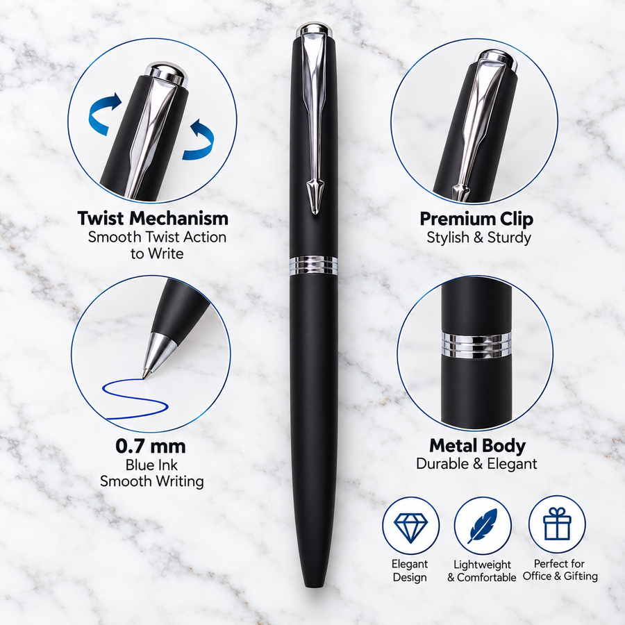 Glossy Black Metal Twist Ball Pen with Silver Clip | Blue Ink | Screw Type Metal Refill + 1 Extra Refill
