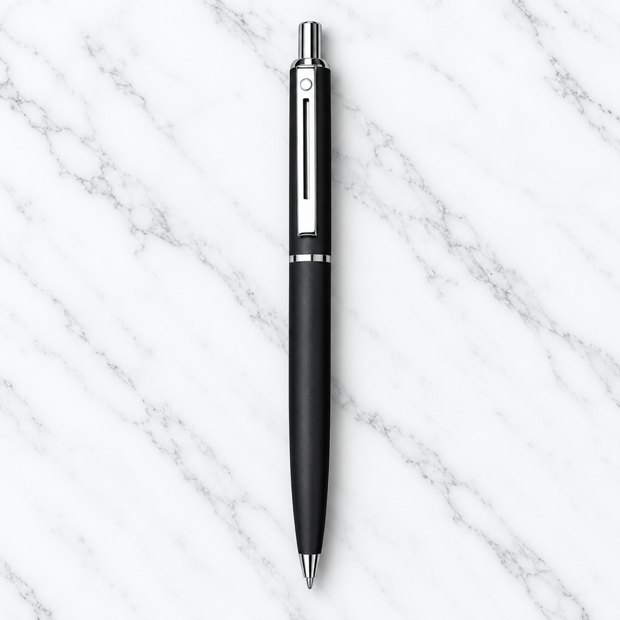 Matt Black Ball Pen with Glossy Silver Clip – Click Mechanism | Blue Ink | 1 Extra Refill Free