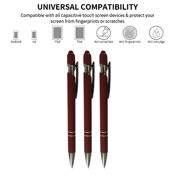 Set of 3 Matte Maroon Stylus Ball Pens – Silver Clip | Click Mechanism | Mobile Touch Tip | Blue Ink