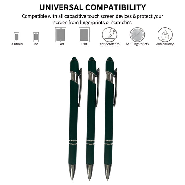 Set of 3 Matte Green Stylus Ball Pens – Mobile Touch & Silver Clip | Blue Ink