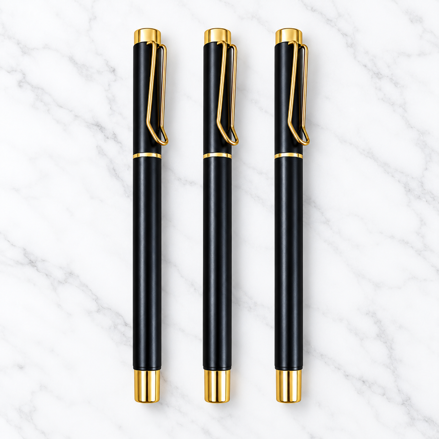 Set of 3 Matt Black Gold Clip Metal Roller Ball Pens – Openable Mechanism | 3 Extra Refills