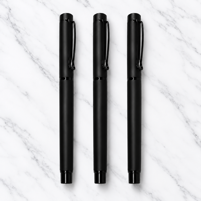Set of 3 Matt Black Metal Ball Pens with Black Clip – 0.7mm Blue Ink, Plastic Grip & 3 Extra Refills