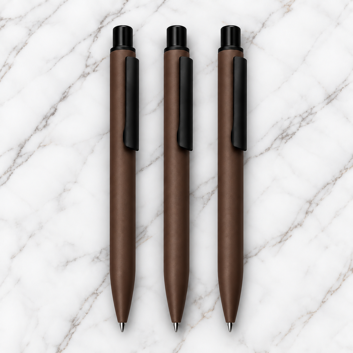 Set of 3 Matt Brown Black Clip Metal Click Ball Pens – Blue Ink, Plastic Jotter Refill & 3 Extra Refills