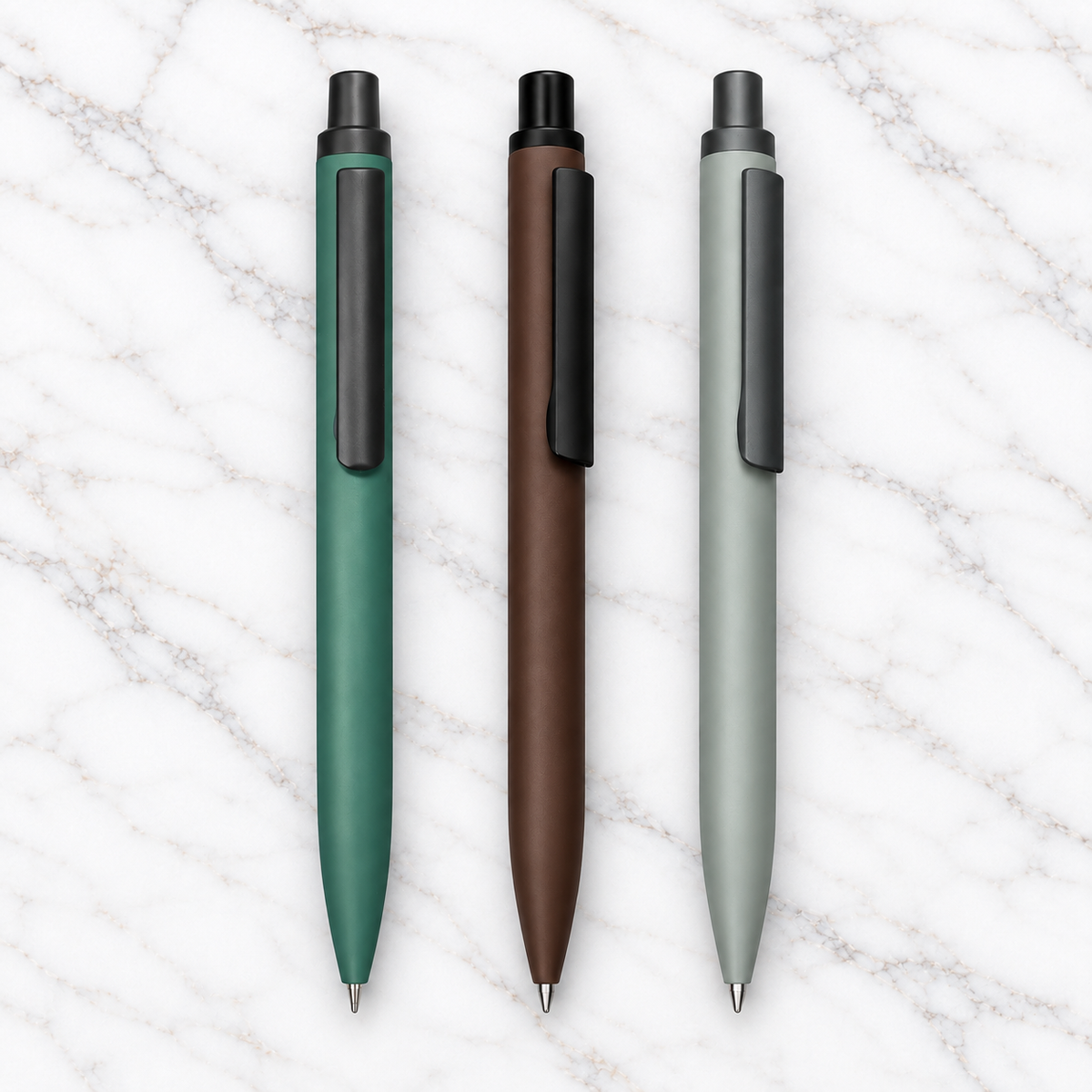 Set of 3 Matt Green, Brown & Grey Metal Click Ball Pens – Blue Ink, Plastic Jotter Refill & 3 Extra Refills