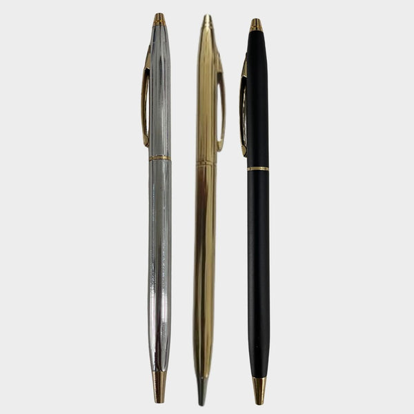Combo of 3 Premium Twist Ball Pens – Matte Black, Glossy Gold & Silver Body | 0.6mm Blue Ink | Elegant Gold Clip | Smooth Writing | Ideal for Office, Gifting & Executive Use