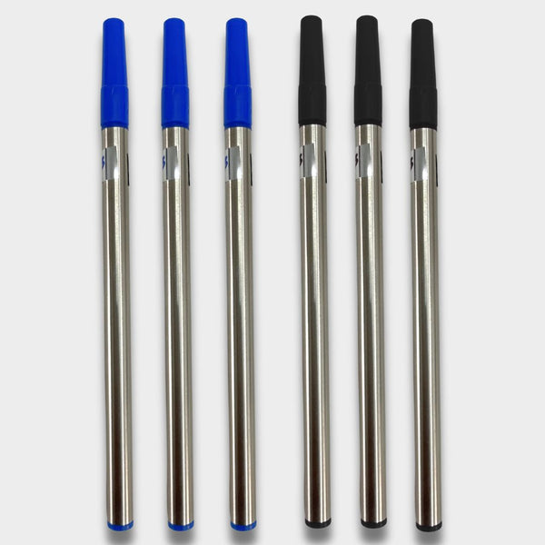 0.8 MM Roller Refill Metallic Body – Premium Smooth Writing Refill Set of 6 (3 Blue Ink + 3 Black Ink) for Professional & Daily Use