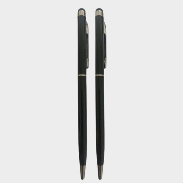 Combo of 2 Black Stylus Twist Ball Pens – Glossy Finish | 0.6mm Blue Ink | Touchscreen Compatible | Smooth Writing | Elegant Silver Clip | Ideal for Office, School & Gifting