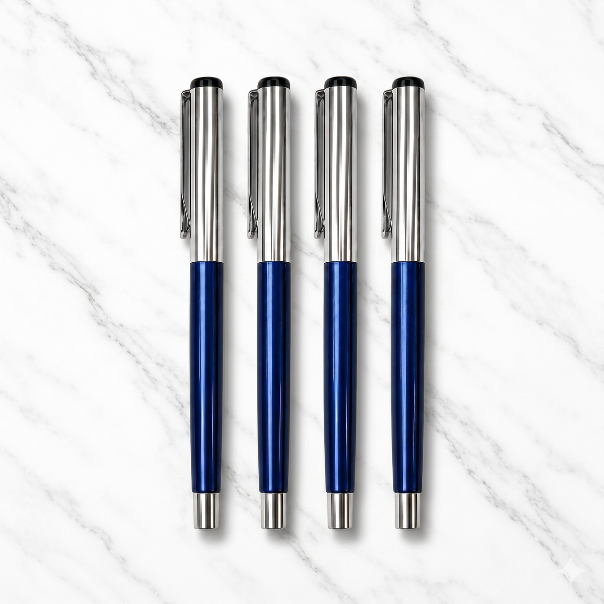 Ballpen Bazaar  Ballpen Bazaar Metallic Glossy Blue Ball Pen Set of 4 with Silver Cap | Openable Metal Ball Pens | Blue Ink | Includes 4 Extra Blue Refills | Premium Executive Writing Pens for Office, Business, Students & Gifting with Name Engraving
