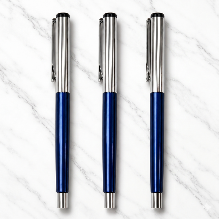 Ballpen Bazaar  Ballpen Bazaar Metallic Glossy Blue Ball Pen Set of 3 with Silver Cap | Openable Metal Ball Pens | Blue Ink | 3 Free Blue Refills | Premium Executive Writing Pens for Office, Business, Students & Gifting with Name Engraving