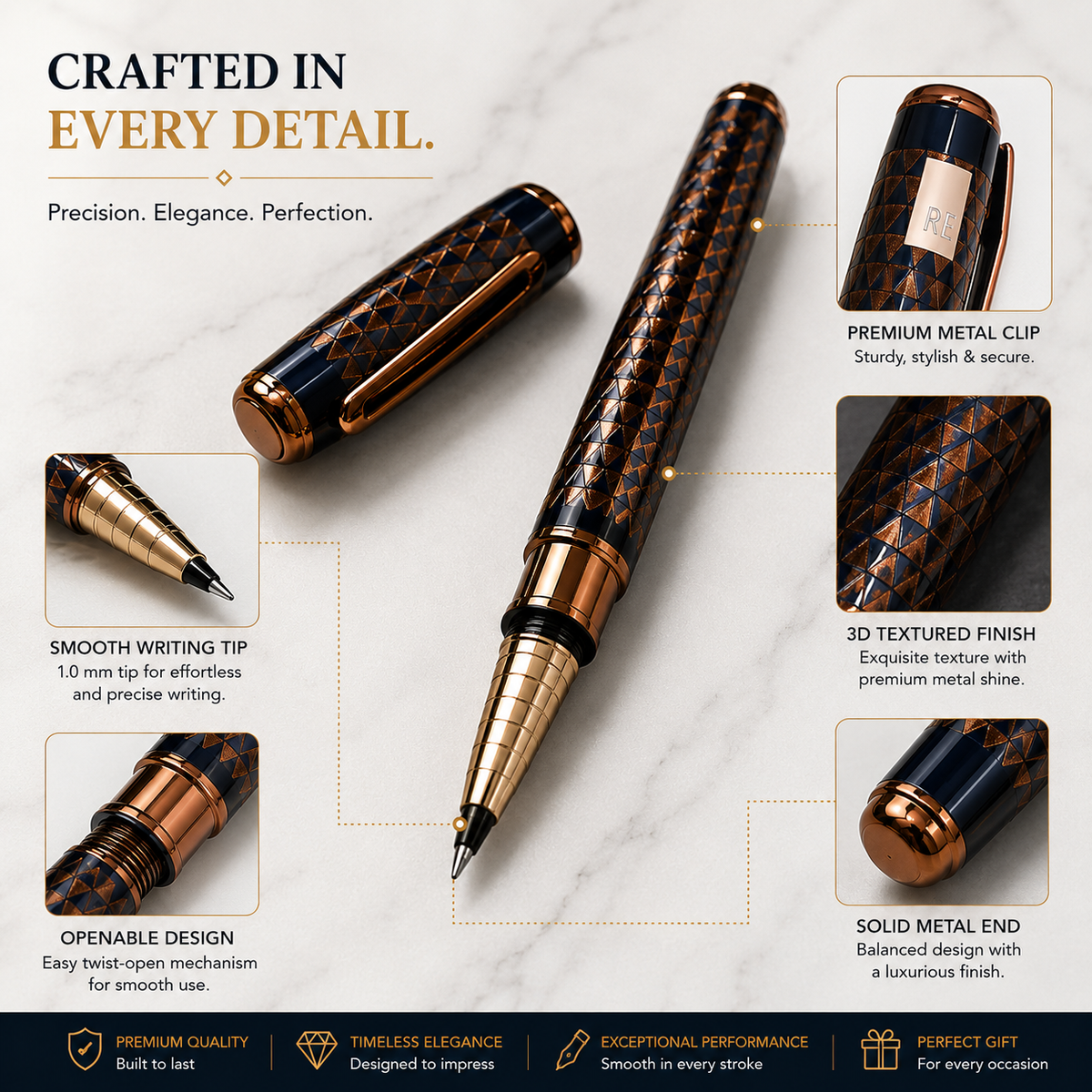 Ballpen Bazaar  Ballpen Bazaar Metallic Glossy Dark Blue Designer Grid Ball Pen with Copper Clip | Openable Cap | Blue Ink | 1 Pen with 1 Extra Blue Refill | Premium Metal Writing Pen for Office, Students, Business, Executive Gifting with Name Engraving