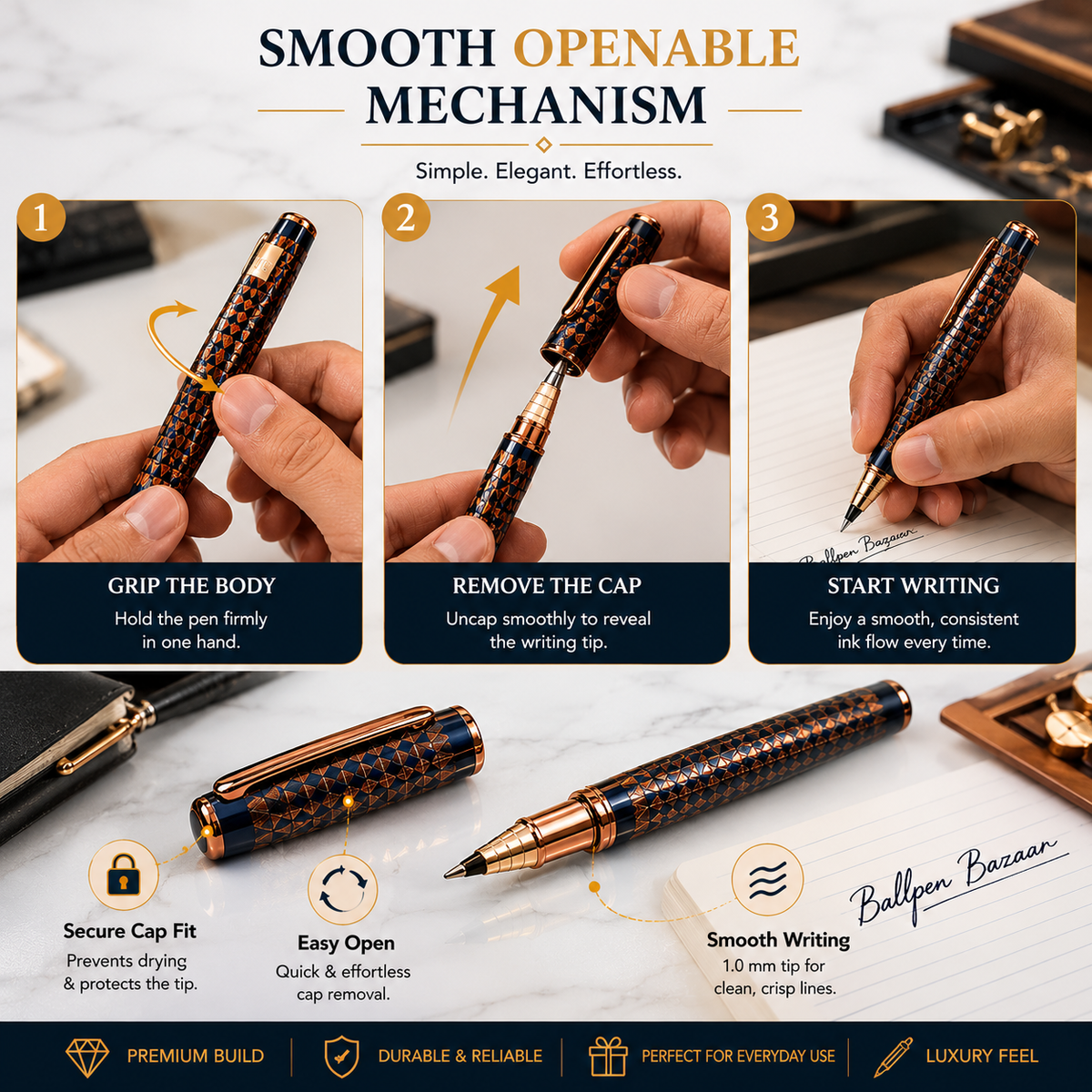 Ballpen Bazaar  Ballpen Bazaar Metallic Glossy Dark Blue Designer Grid Ball Pen with Copper Clip | Openable Cap | Blue Ink | 1 Pen with 1 Extra Blue Refill | Premium Metal Writing Pen for Office, Students, Business, Executive Gifting with Name Engraving