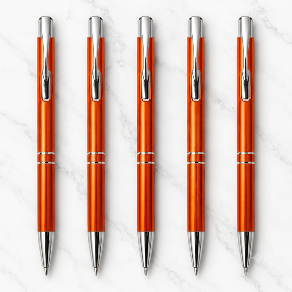 Ballpen Bazaar  Ballpen Bazaar Metallic Glossy Orange Ball Pen Set of 5 with Silver Clip | Click Mechanism | Blue Ink | Includes 5 Free Extra Refills | Premium Metal Pens for Office, School, Business, Professionals and Gifting with Name Engraving
