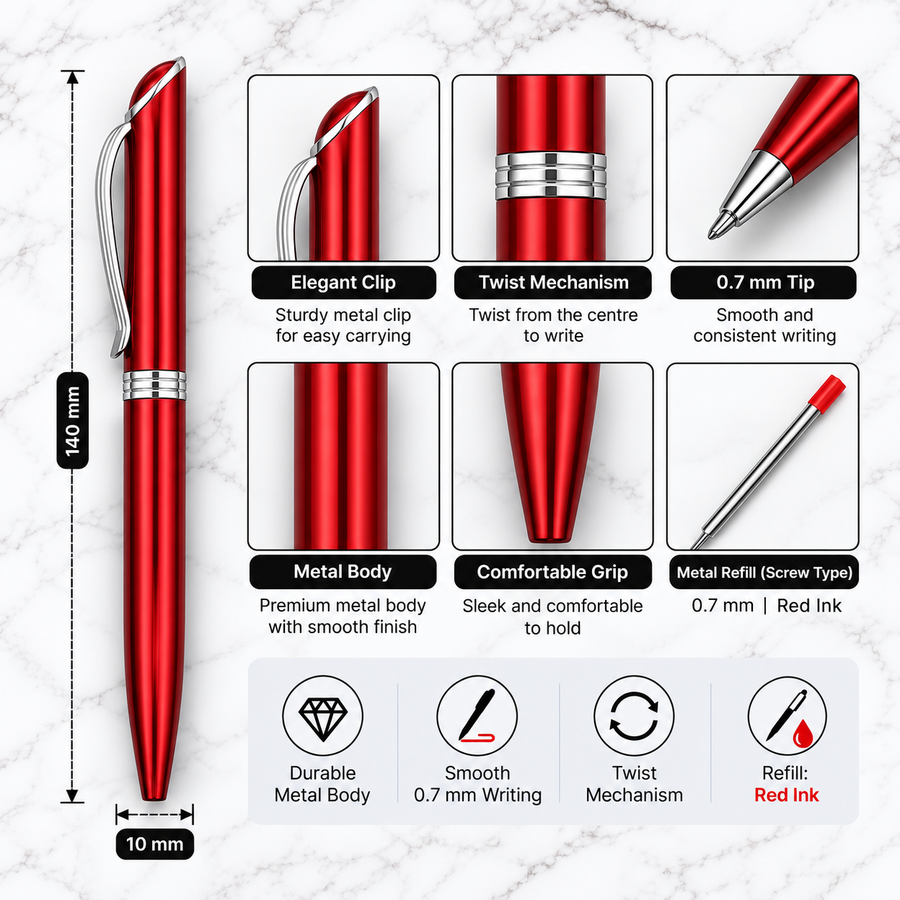 Metallic Glossy Red Ball Pen with Silver Clip | Twist Mechanism | Red Ink | 1 Extra Refill