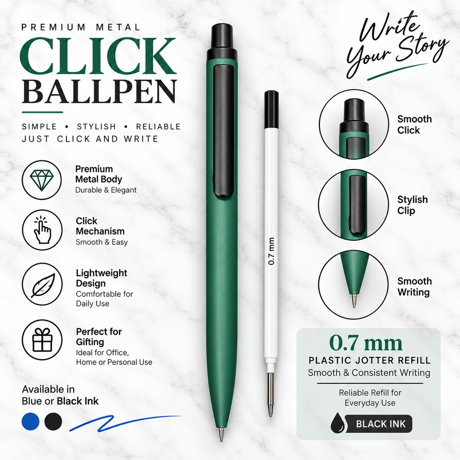Matt Green Colour Body With Black Colour Clip Click Mechanism Ball Pen Black Ink | Premium Metal Ball Pen | 1 Pen with 1 Free Refill