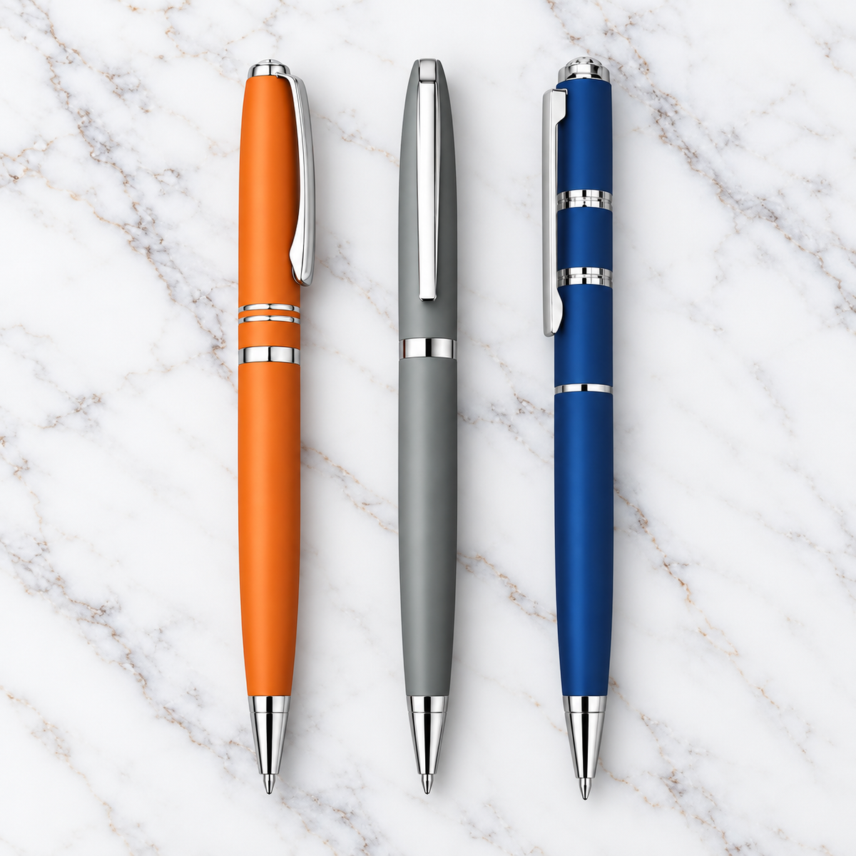 Ballpen Bazaar Set of 3 Premium Twist Mechanism Metal Ball Pens – Matt Orange, Matt Blue & Matt Gray with Silver Clip | Blue Ink | 3 Pens with 3 Extra Refills