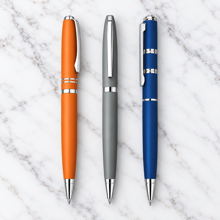 Ballpen Bazaar  Set of 3 Premium Twist Mechanism Metal Ball Pens – Matt Orange, Matt Blue & Matt Gray with Silver Clip | Blue Ink | 3 Pens with 3 Extra Refills with Name Engraving