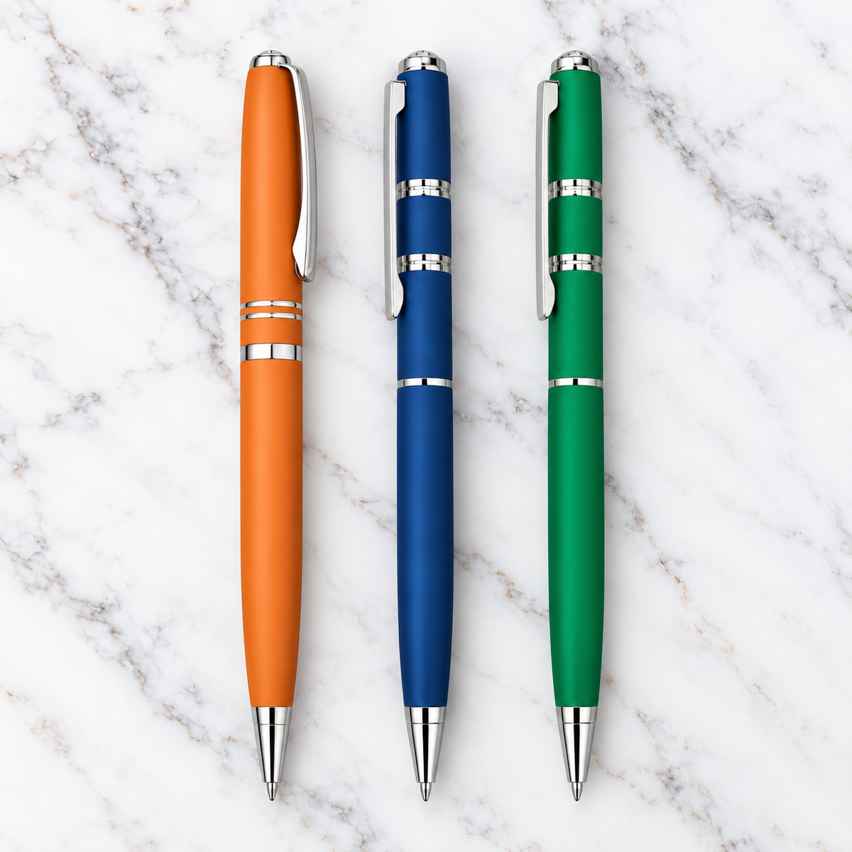 Ballpen Bazaar Set of 3 Premium Twist Metal Ball Pens – Matt Orange, Matt Blue & Matt Green with Silver Clip | Blue Ink | 3 Refills Included | Executive Gift Pen Set