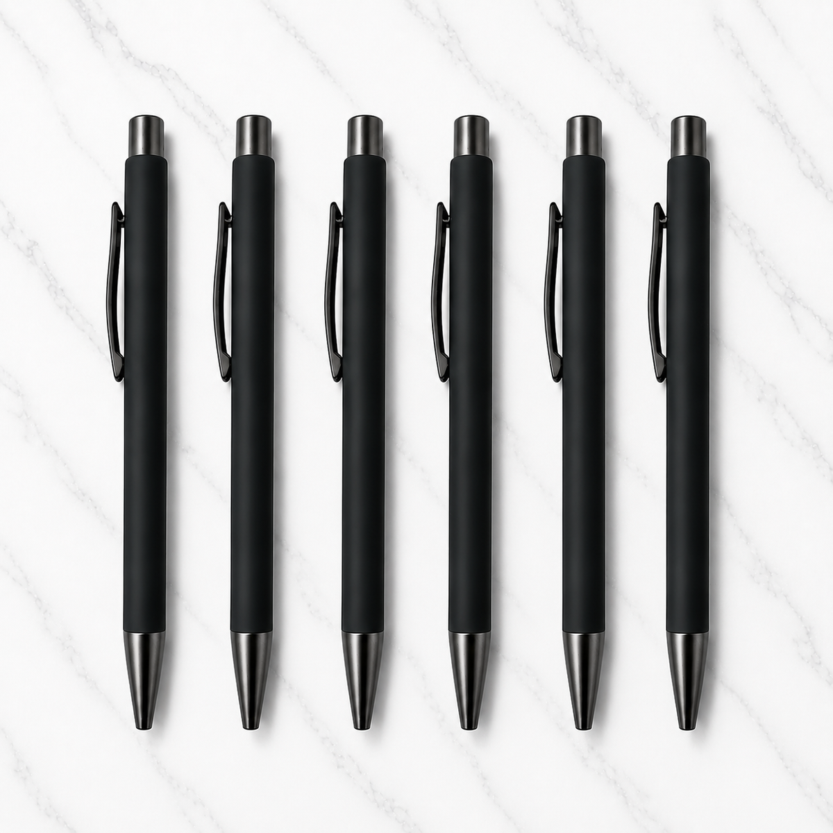 Ballpen Bazaar  Set of 6 Matt Black Click Ball Pens with Gunmetal Clip – Blue Ink with Name Engraving
