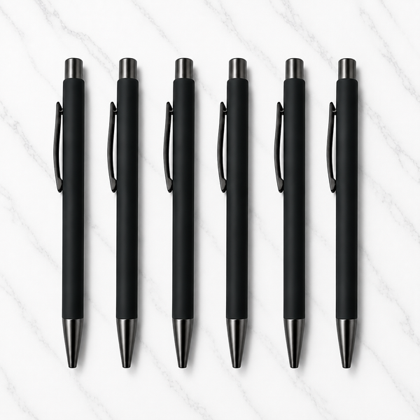 Ballpen Bazaar Set of 06 Matt Black Colour Body with Gunmetal Colour Clip Click Mechanism Ball Pen | Blue Ink | Premium Metal Writing Pens | 6 Pcs