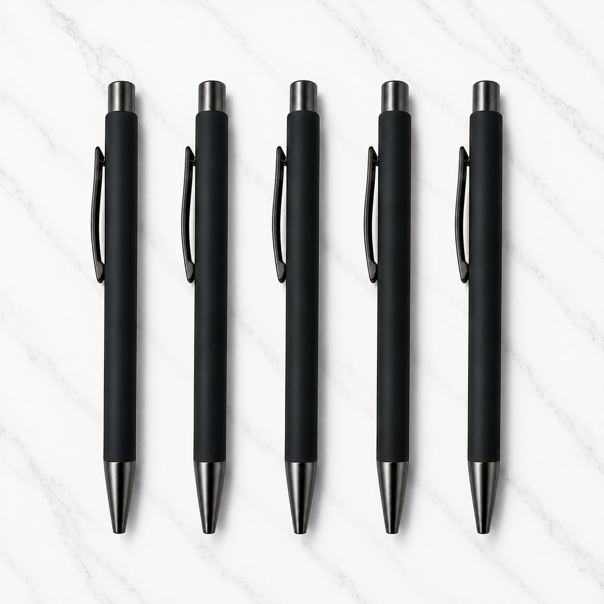 Ballpen Bazaar  Set of 5 Matt Black Click Ball Pens with Gunmetal Clip – Blue Ink with Name Engraving