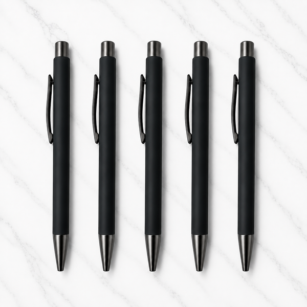 Ballpen Bazaar Set of 05 Matt Black Colour Body with Gunmetal Colour Clip Click Mechanism Ball Pen | Blue Ink | Premium Metal Writing Pens | Pack of 5