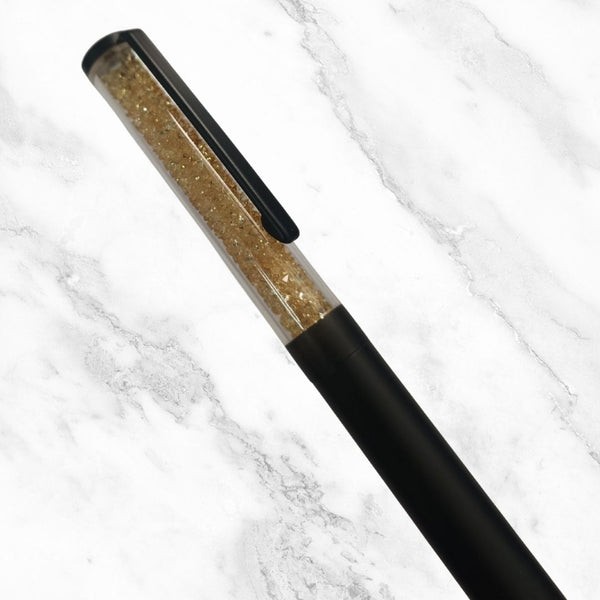 matte black ball pen, golden crystal top, twist mechanism pen, 0.6mm refill, screw type refill, premium writing pen, smooth writing pen, office pen set, luxury ball pen.