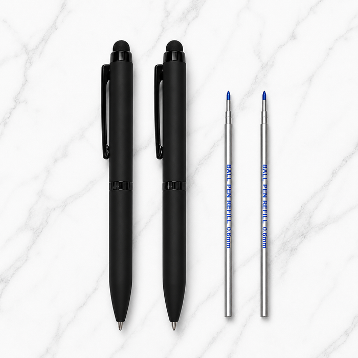 Ballpen Bazaar  Ballpen Bazaar Set of 02 Stylus Matt Black Ball Pens with Glossy Black Clip | Twist Mechanism | Blue Ink | Includes 2 Free Mini VT Blue Refills | Premium Metal Pen Set for Office, Business, Students & Gifting with Name Engraving