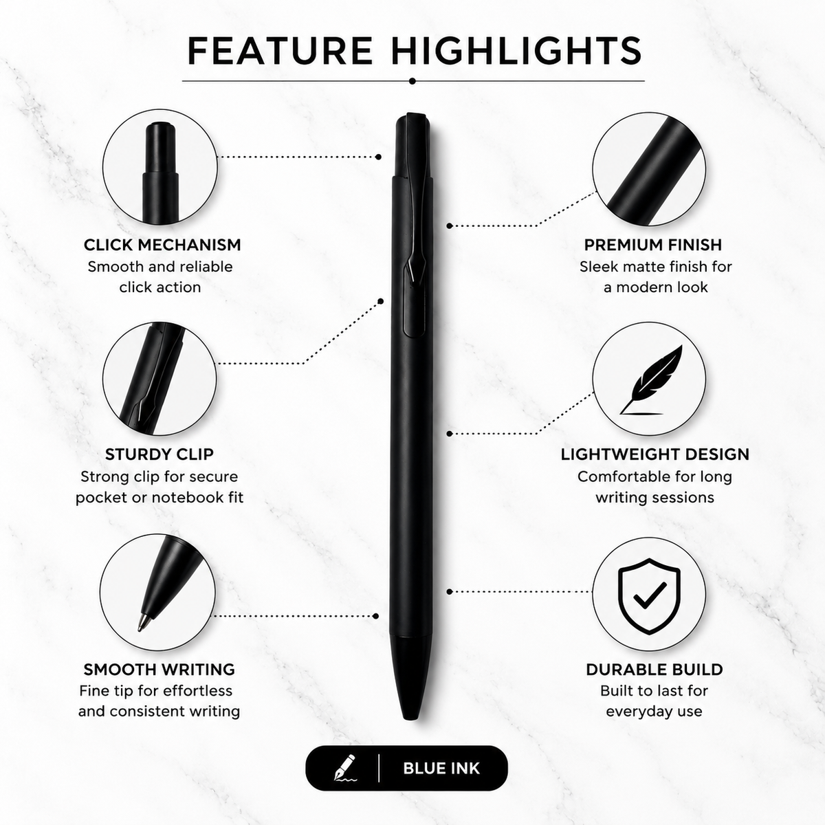Ballpen Bazaar  Ballpen Bazaar Set of 2 Matt Black Ball Pens with Glossy Black Clip | Click Mechanism | Blue Ink | Includes 2 Free Plastic Jotter Refills | Premium Metal Ball Pen for Office, School, Business, Executive Gift with Name Engraving
