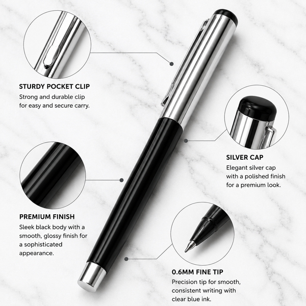 Ballpen Bazaar Set of 2 Metallic Glossy Ball Pens Blue & Black with Silver Cap | Openable Metal Ball Pen | Blue Ink | Includes 2 Free Plastic Jotter Refills (1 Blue & 1 Black) | Executive Gift Pen Set