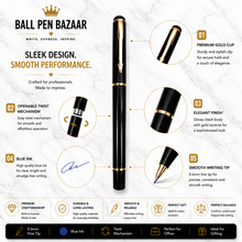Ballpen Bazaar Set of 02 Metallic Glossy Black Ball Pens with Black Cap & Gold Clip | Openable Cap | Blue Ink | Includes 2 Free Blue Roller Refills | Premium Metal Executive Pens | Pack of 2