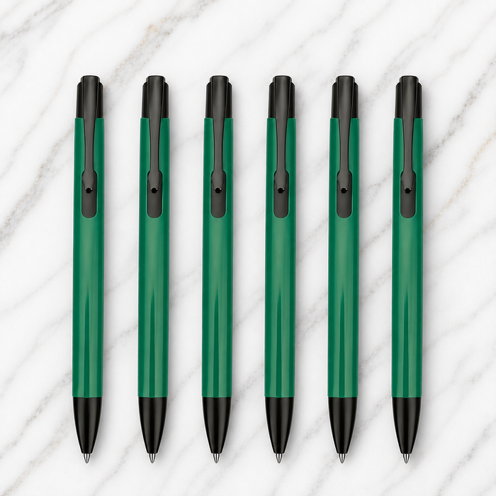 Ballpen Bazaar  Ballpen Bazaar Matt Green Colour Body with Glossy Black Colour Clip Click Mechanism Ball Pen Set of 6 with 6 Extra Blue Ink Refills | Premium Metal Ball Pens for Office, School, Business and Gifting with Name Engraving