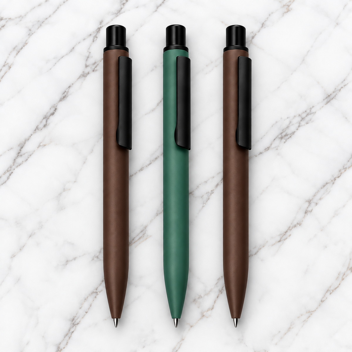 Set of 3 Metal Click Ball Pens – Brown, Green & Brown | Blue Ink | 3 Extra Blue Refills